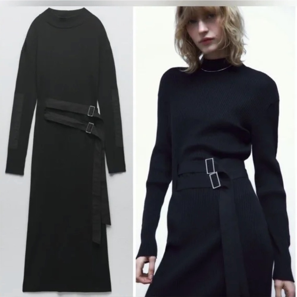 Zara Midi Knit Ribbed Dress with Tabs Long Sleeves In Black‎ Size M NWT